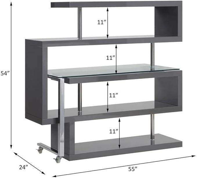 BOWERY HILL L-Shaped Glass Top Writing Desk Chrome and Gray High Gloss Finish Metal and MDF Construction 55 W x 24 D x 54 H 4 Shelves Swivel Function Modern Small Space Home Office Desk
