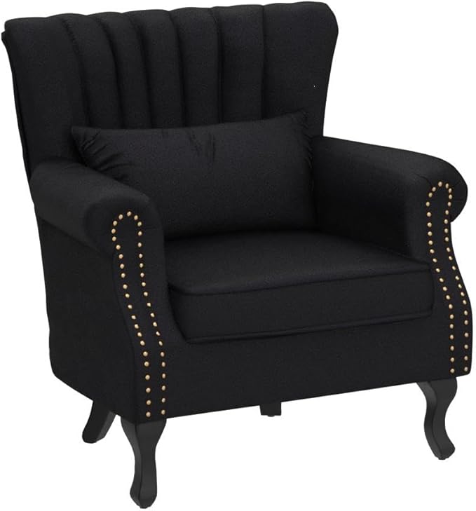 Kmax Black Accent Chair Velvet Wingback Chair with Pillow Nail-Head Channel Tufted Oversized Club Chair for Living Room Bedroom Guest Room
