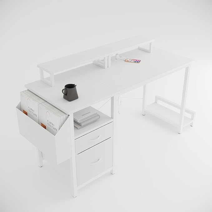 Home Office Desk with Side Pocket and Drawers Modern Computer Desk for Small Space Bedroom 47 Inch Gaming Desk with Power Outlet &amp 2 Movable Monitor Shelves (White)