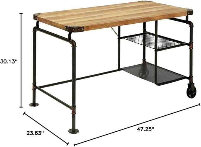 Pemberly Row Metal Writing Desk 47.25 W x 23.63 D x 30.13 H Antique Black Finish Steel and MDF Construction Industrial Style with Stacked Shelves and Caster Wheels Office Desk for Indoor Use