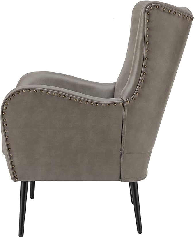 Upholstered Faux Leather Accent Chair with Black Metal Legs Comfy Armchair with Removable Cushion &amp Nailhead Trim Wingback Vanity Chair for Reading Living Room Bedroom