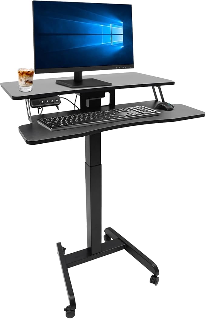 Electric Mobile Height Adjustable Standing Workstation Rolling Electric Podium Desk with Wheels and Keyboard Tray Dual Tiered Standing Desk for Office School Home