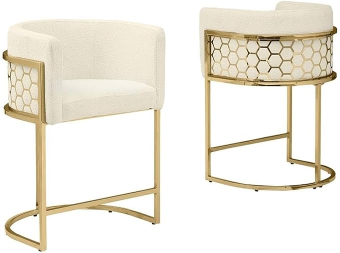 Modern Honeycomb Armchairs with Chrome Base Silver or Gold Frame Options (Teddy Fabric Cream/Gold Counter Height Chair)