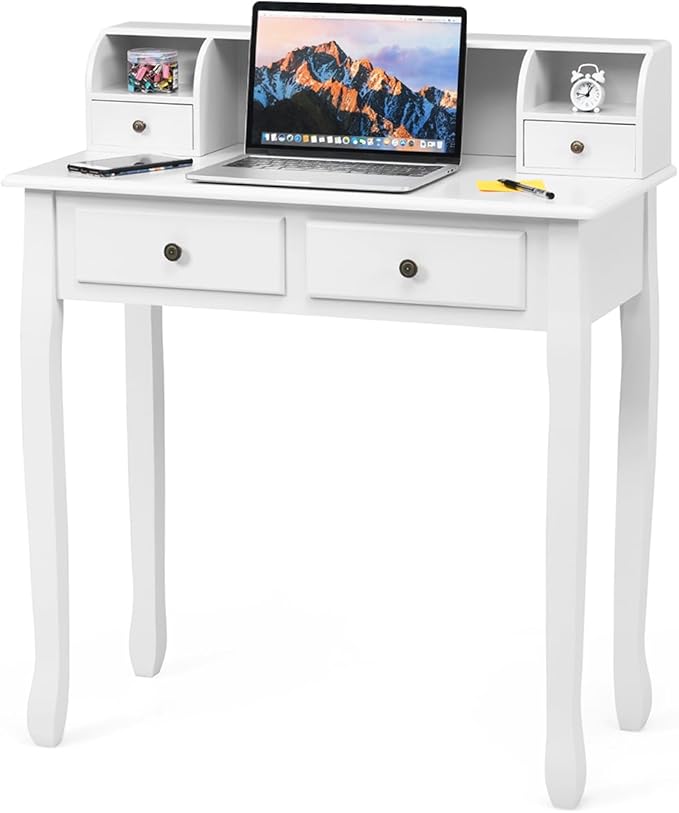 Byroce Small Writing Desk with Removable Hutch 2-Tier Vanity Table with 4 Drawers 3 Cubbies &amp Pine Wood Legs Study Computer Desk for Bedroom Home Office (White)