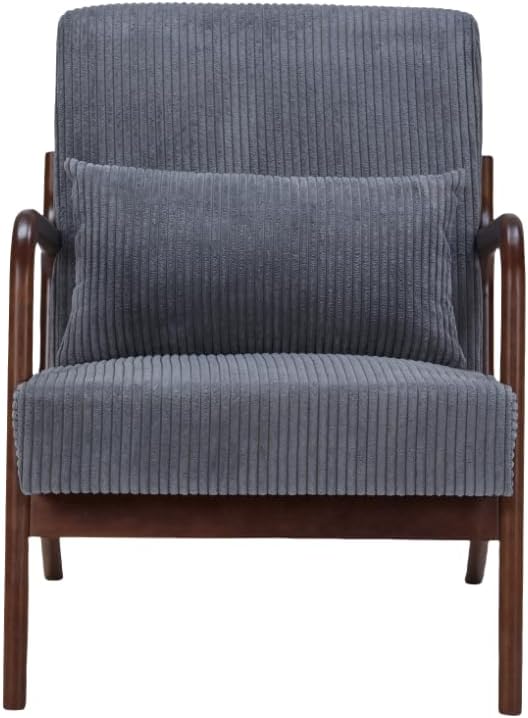 GDFStudio Aogex Accent Chair Upholstered Armchair Corduroy Club Chair Solid Wood Single Sofa Lounge with Armrest Comfort Seating with Lumbar Support for Reading Living Room Home Dark Gray+Walnut