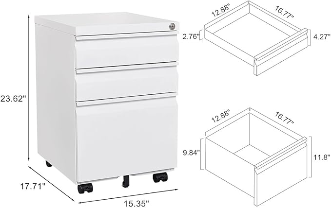 3-Drawer Mobile Filing Cabinet with Lock Legal/Letter Sized Office Storage Cabinet Metal Suitable for Offices and Study Rooms(White)