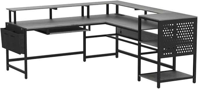 SEDETA L Shaped Gaming Desk Convertible 96 Home Office Desk or Corner Desk L Shaped Table with Power Outlets &amp LED Strip Monitor Stand Keyboard Tray Pegboard and Storage Shelves Grey