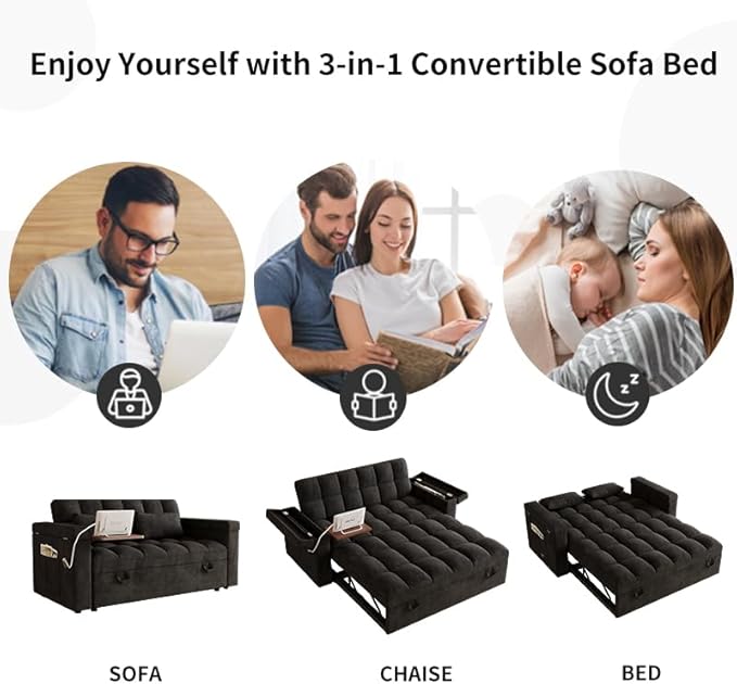 Convertible Sofa Bed 5-in-1 Pull Out Couch with Side Table Loveseat Sleeper Sofas Bed Couch with USB Port 65‘’ Velvet Pull Out Sofa Beds for Living Room Bedroom Apartment