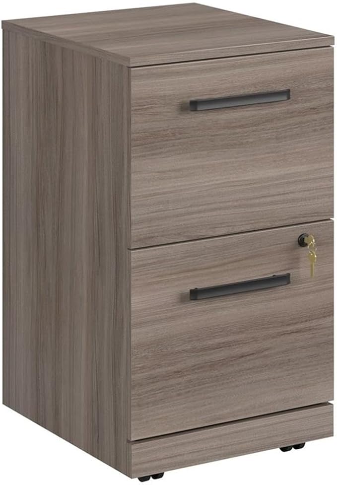 Pemberly Row Engineered Wood 2-Drawer Mobile Filing Cabinet Elm/Brown Finish 28.42 H x 15.55 W x 19.44 D Locking Drawers Hidden Casters Versatile Office Storage Solution