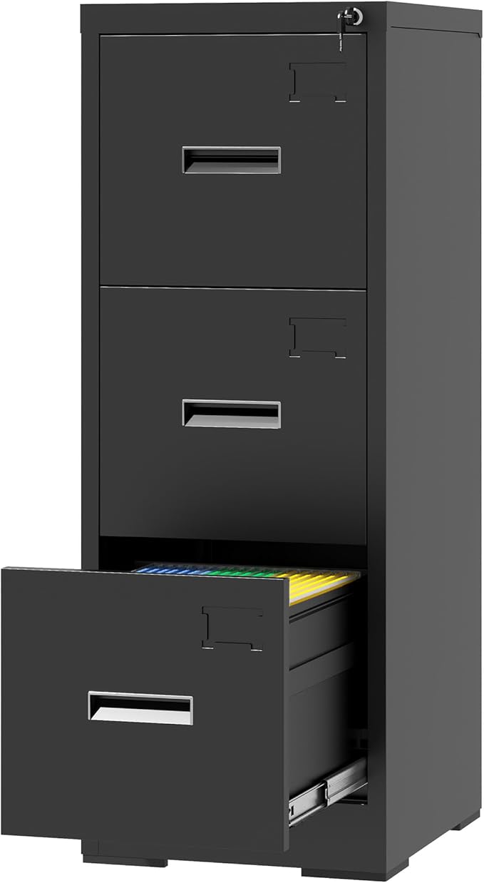 3 Drawer Small Metal Vertical File Cabinet with LockUnder Desk Storage Filing Cabinets for HomeOffice Cabinet Organizer Locking DrawersAssembly RequiredBlack