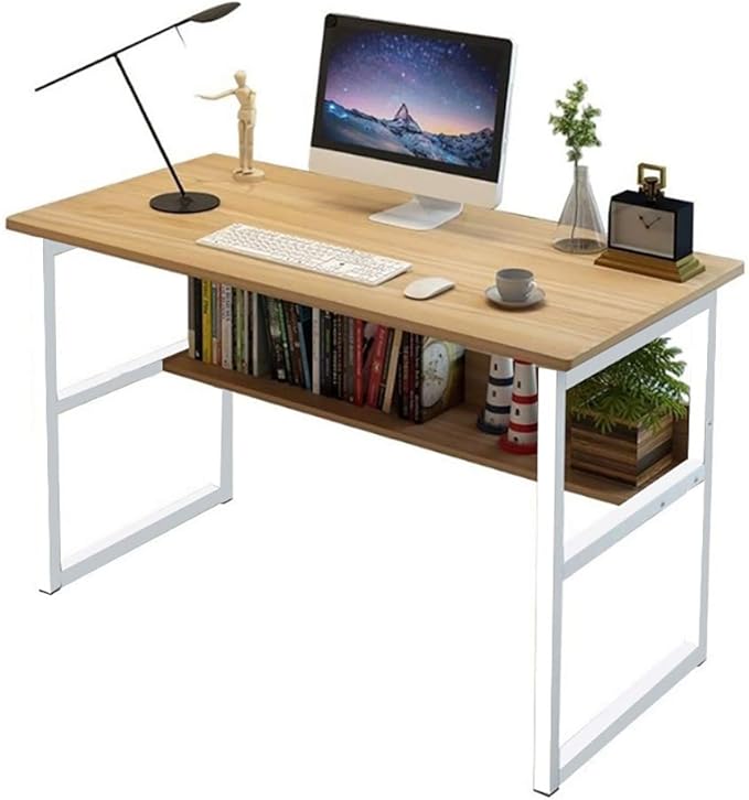Wooden 43in Computer Desk with Storage Shelf and Metal Stand Modern PC Laptop Workstation Study Table at Home Office Table (Oak)