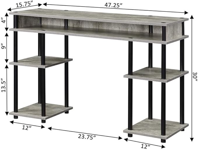 Pemberly Row No-Tools Student Desk 47.25 in x 15.75 in x 30 in Light Gray Wood Finish Particle Board and Stainless Steel Multiple Shelves Easy Assembly Modern Home Office or Dorm Workspace Desk