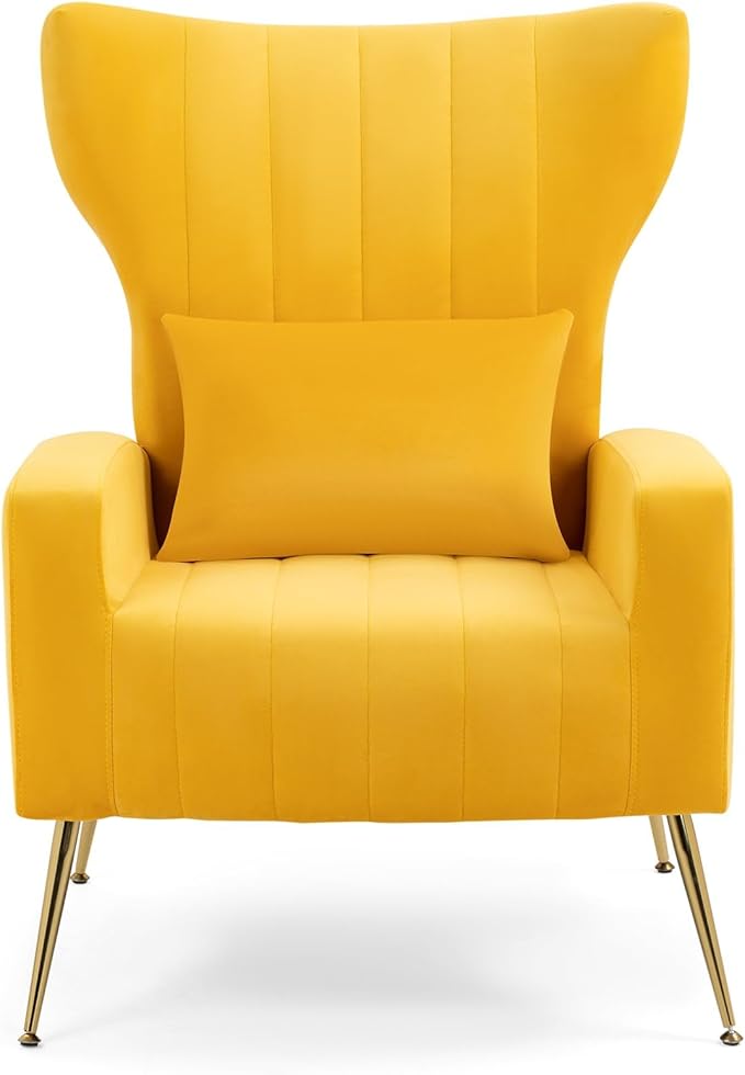 X-VOLSPORT Velvet Accent Chairs Set of 2 Mid Century Modern High Back Living Room Chair with Waist Pillow Upholstered Arm Chair with Metal Gold Legs for Bedroom Club Yellow