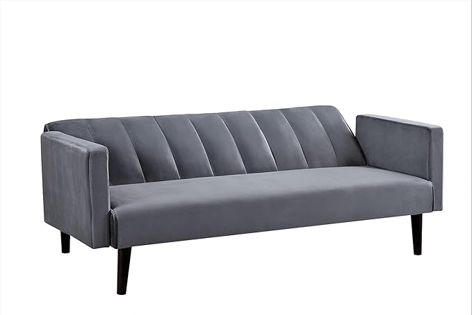 72 Velvet Convertible Futon Sofa Bed - Full Out Twin Sleeper Couch w/Channel Stitch Wood Frame &amp High-Density Foam - Space-Saving for Apartments/Dorms Grey