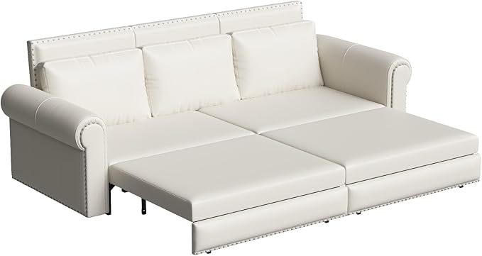 93.7 King Size Chesterfield 3-seat Pull Out Sofa Bed Leather Sofa Bed with Nailhead Trim and Rolled Arm 3-in-1 Sofa Sleeper for Living Room Apartment Office Cream White