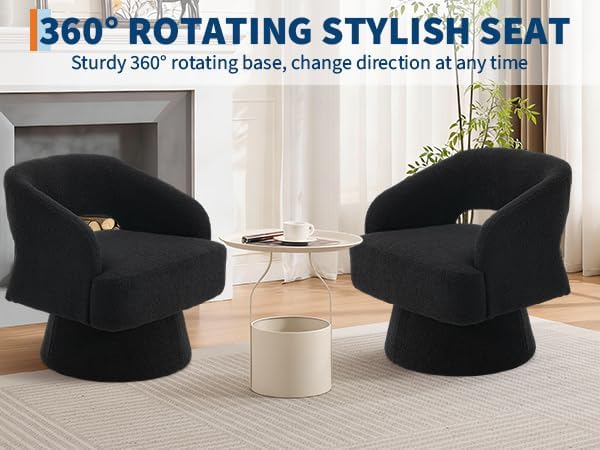 2Pcs Comfy Swivel Barrel Chair for Living Room - Modern Upholstered Accent Chair with Teddy Fleece Hollowed Back &amp 360° Swivel Base Small Round Chair for Bedroom Reading Nook Office Black