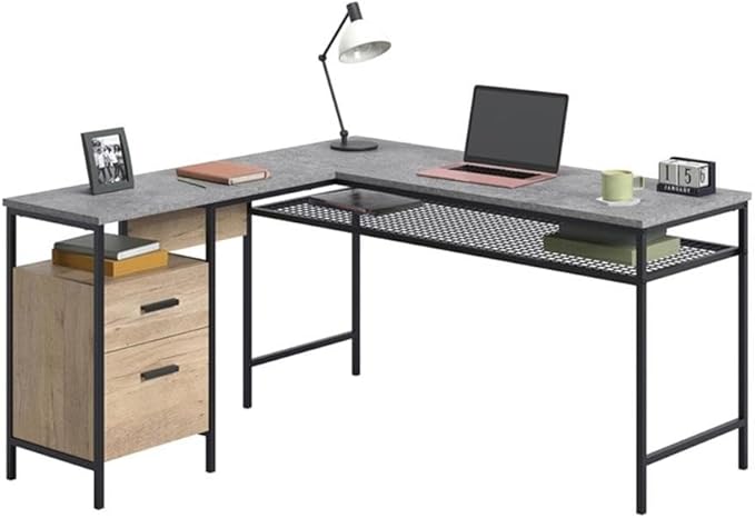 Pemberly Row L-Shaped Engineered Wood and Metal Desk Prime Oak Finish 55.91 in x 57.64 in x 30.59 in Storage Drawers Open Shelves Wire Mesh Shelf Home Office Computer Desk