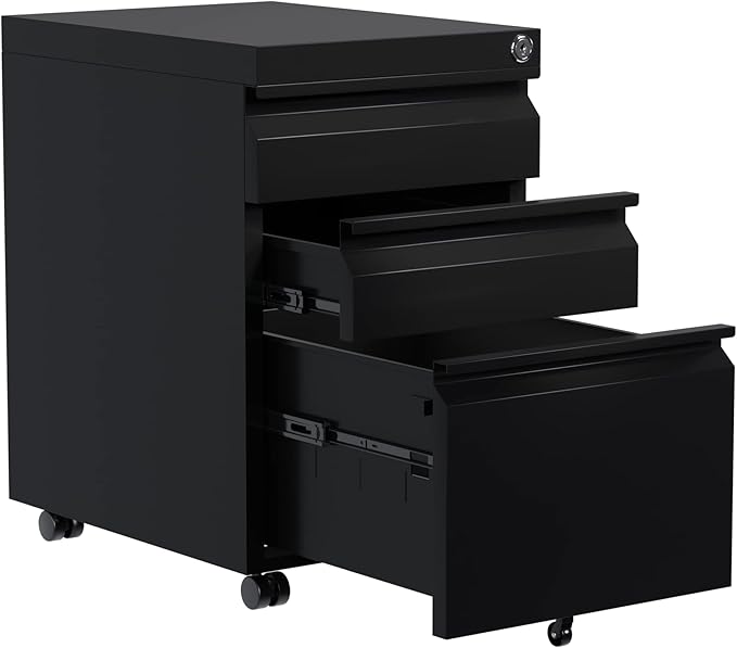 Locking Metal Pedestal Under Desk Metal Filing Cabinet Black Mobile 3 Drawers File Storage Cabinets with Wheel for Home Office Legal/Letter Size Fully Assembled Except Wheels