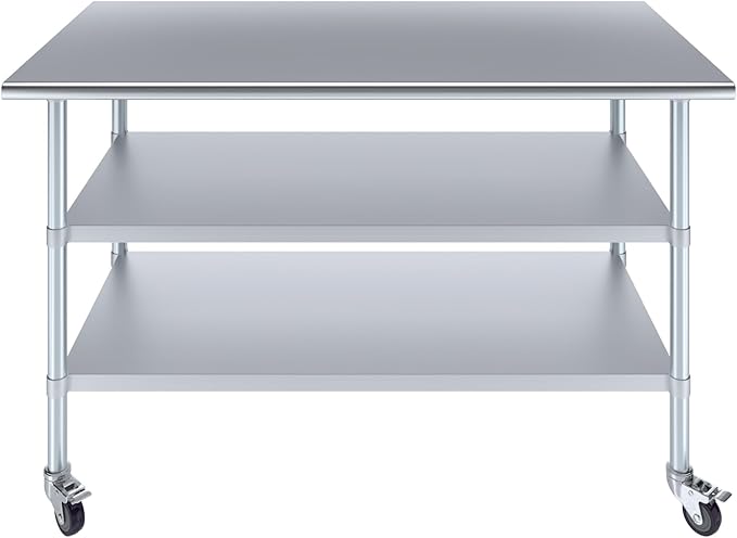 AmGood Stainless Steel Work Table with 2 Shelves and Casters | Metal Utility Table On Wheels (Stainless Steel Work Table with 2 Shelves + Casters 60 Long x 30 Deep)