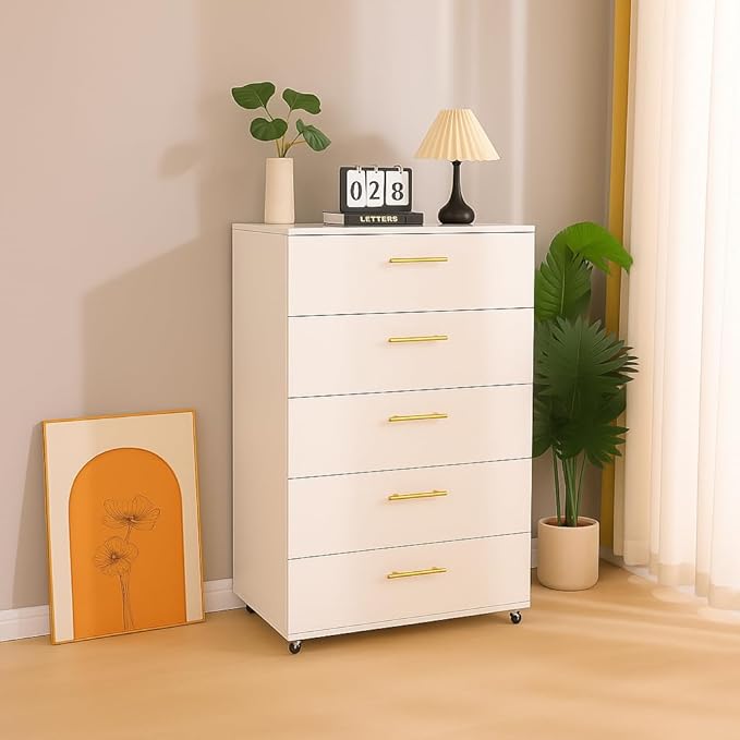 Vertical File Cabinet 5 Drawer Mobile File Cabinet Under Desk Wooden Filing Cabinet Storage Organization Filing Cabinet with Wheels for Home Office (Z-White)