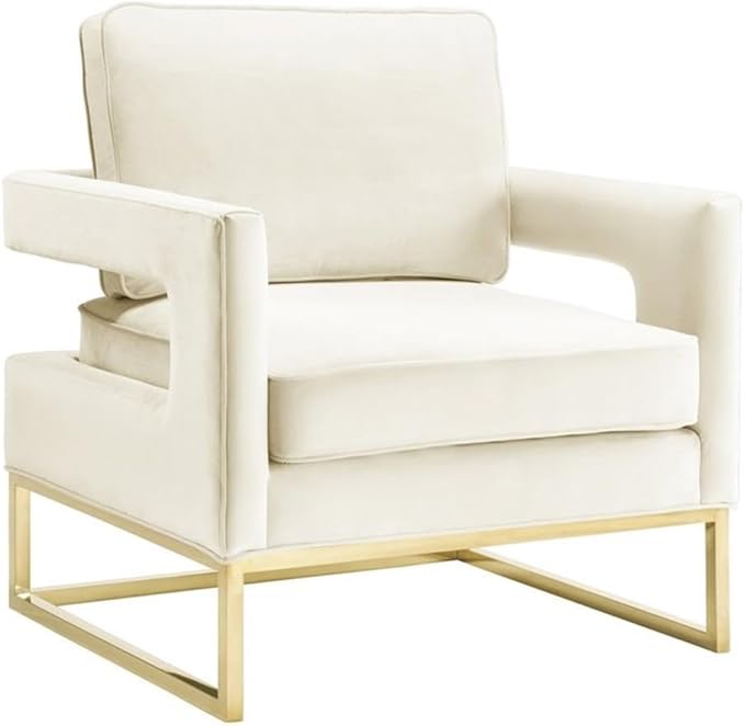 Pemberly Row Modern Velvet Accent Chair Cream and Gold Finish 20 Seat Height Stainless Steel Legs Handmade Design Luxe Upholstery 35.5 H x 33.5 W x 29 D Living Room or Bedroom Seating
