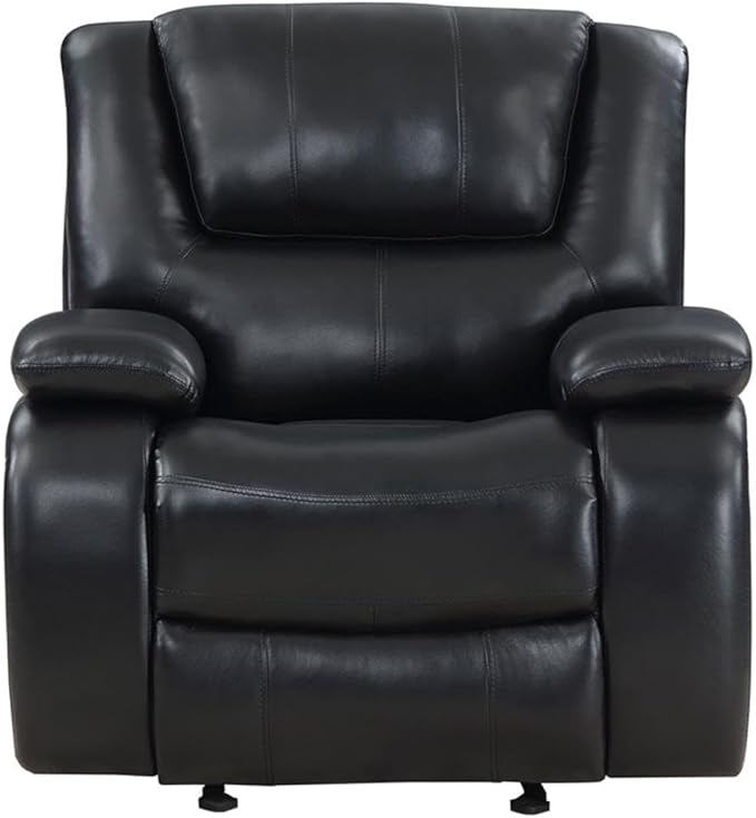 Pemberly Row Faux Leather Upholstered Glider Recliner Chair Black Manual Recline 38 H x 37.75 W x 38.25 D Plush Foam Cushions Padded Arms Wall Hugger Living Room or Den Seating