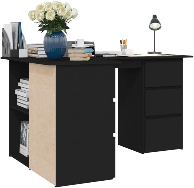 L-Shaped Writing Desk Corner Computer Desk with Drawer and Shelves 57.1in Study Table Workstation for Home Office Multipurpose PC Laptop Table Work Table Office Desk (Black)