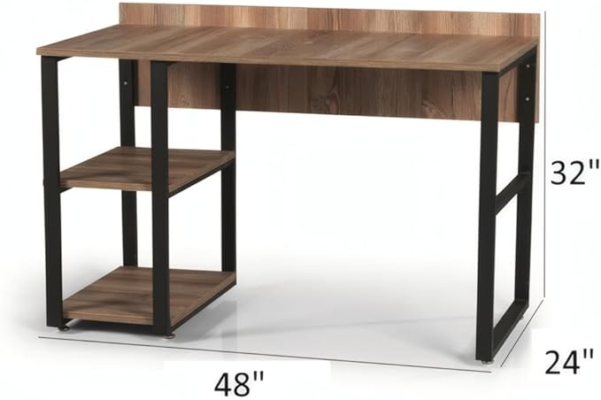Penau Black Metal Frame Writing and Computer Desk 58In Solid Wood Top with 2 Shelves Home Office Furniture Oak Finish 24In Depth 32In Height 45Lbs Weight