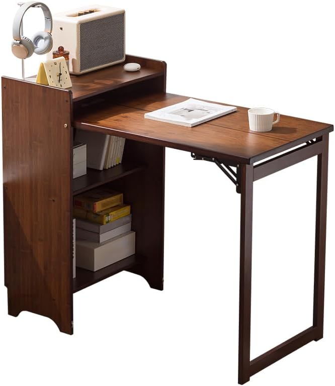 Bamboo Folding Desk with Storage Shelves Space Saving Mid Century Modern Bookcase with Drop Down Table Hide Away Desk for Home Bedroom Study Office