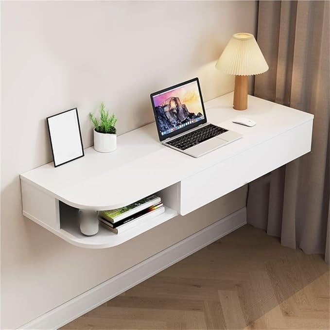 Versatile Floating Desk with Drawers Stylish Writing Study Table Wall Mounted Desk for Living Room Bedroom Home Office(White A6.4 * 16.1 * 47.2in)