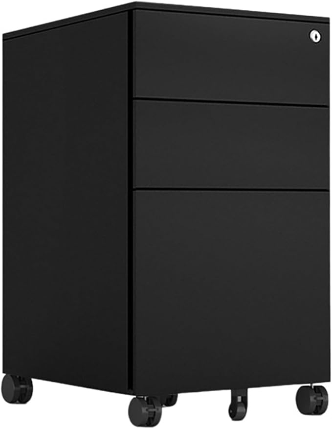 3 Drawer File Cabinet with Wheels Metal Filing Cabinets for Home Office with Lock Under Desk Drawer Organizer Fully Assembled Fits Letter A4 Standard Sizes (Black 23.6*11.8*20.5)