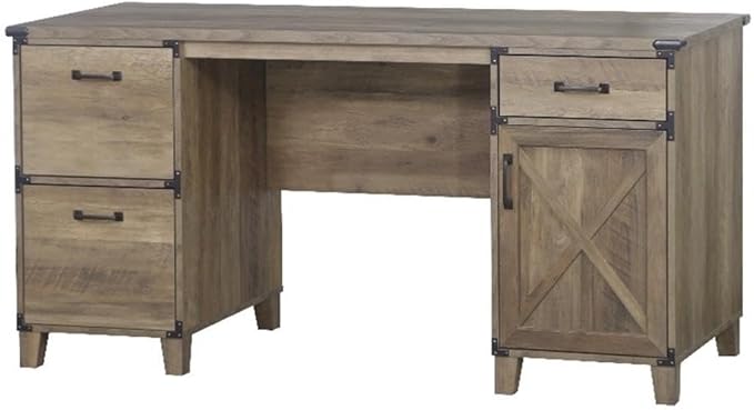 Pemberly Row Farmhouse Engineered Wood Executive Desk Rustic Oak Finish 59.4 W x 23.8 D x 29.7 H Spacious Storage with File Drawers Accessory Drawer Cabinet Home Office Furniture