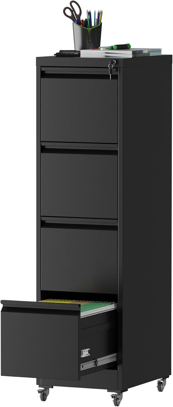 4 Drawer Small Metal File Cabinet with Lock - Locking Filing Cabinets Organizer for HomeOffice Under Desk Storage Drawers17.71 D*15.16 W*52.28 HBlack