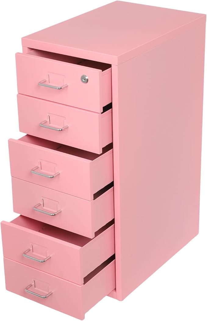 Office File Cabinet w/4 Wheels 6 Drawer Metal Small Vertical File Cabinets w/2 Lock Smooth Edges Mobile Storage Cabinet File Organizer for Home Office Living Room 11 * 16 * 27in (Pink)