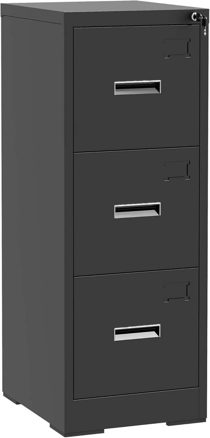 3 Drawer Small Metal Vertical File Cabinet with LockUnder Desk Storage Filing Cabinets for HomeOffice Cabinet Organizer Locking DrawersAssembly RequiredBlack