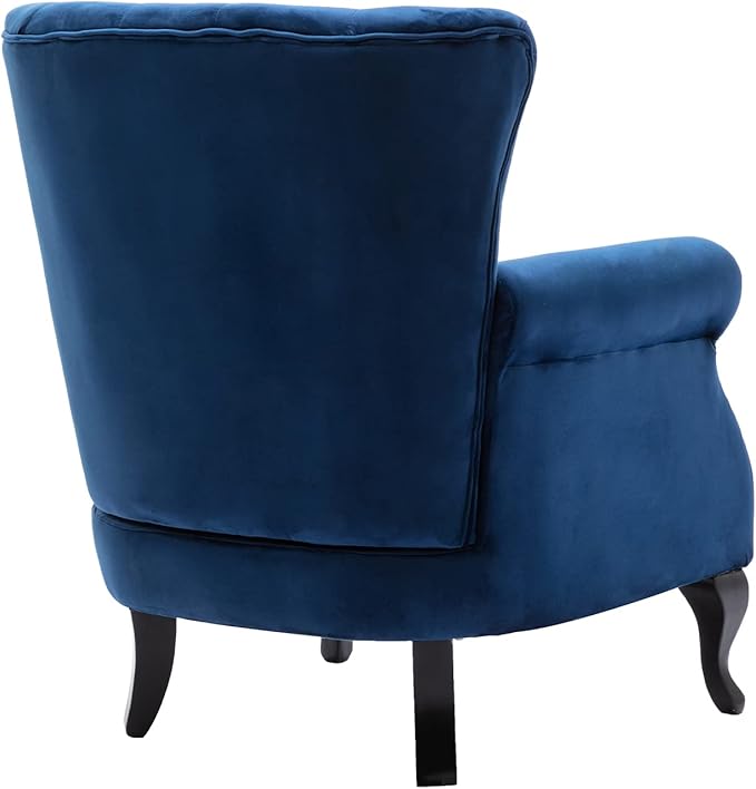 Kmax Velvet Tufted Accent Chair Mid Century Throne Chair Comfy Sofa Chair Padded Seating WingBack Unique Wood Legs Home Club Bedroom Living Room Blue