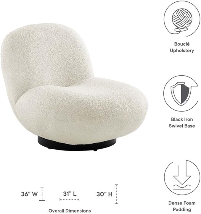 Pemberly Row Modern Boucle Fabric Swivel Accent Chair Ivory and Black Finish 30 H x 31 W x 36 D Foam Padding and Webbed Support Matte Black Iron Base Living Room or Office Seating