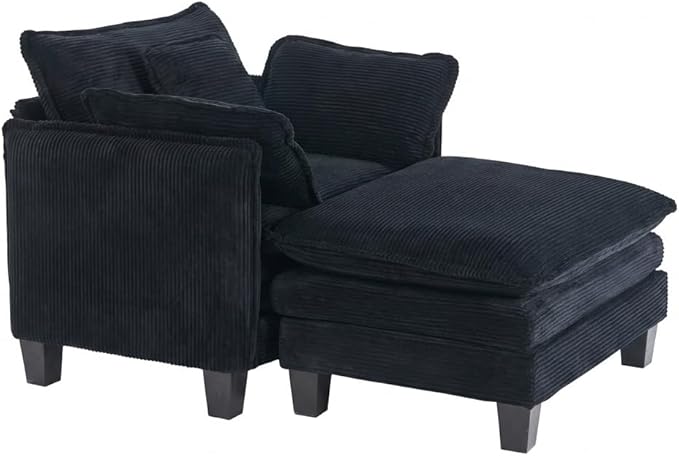 Oversized Chair with Ottoman Modern Corduroy Sofa Bed Single Sofa Chaise Large Upholstered Sofa for Living Room Bedroom (Black)