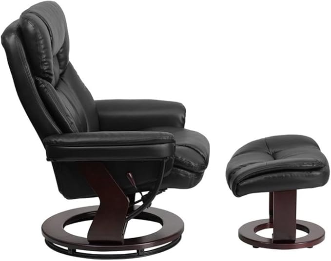 Pemberly Row Leather Swivel Recliner Black LeatherSoft Upholstery Mahogany Wood Base Integrated Headrest Plush Arms Lever Reclining Ball-Bearing Swivel 41.25 in H Living Room Chair
