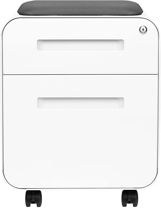 Laura Davidson Furniture STOCKPILE Mini Seated 2 Drawer Mobile File Cabinet with Removable Magnetic Cushion Seat - Short Version Metal Filing Cabinet Pre-Assembled White with Grey Cushion