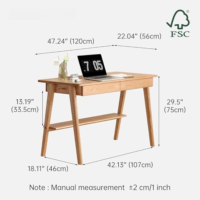 100% Solid Wood Desk with 2 Drawers Home Office Computer Desk Mid Century Modern Oak Desk for Study Writing 47 W