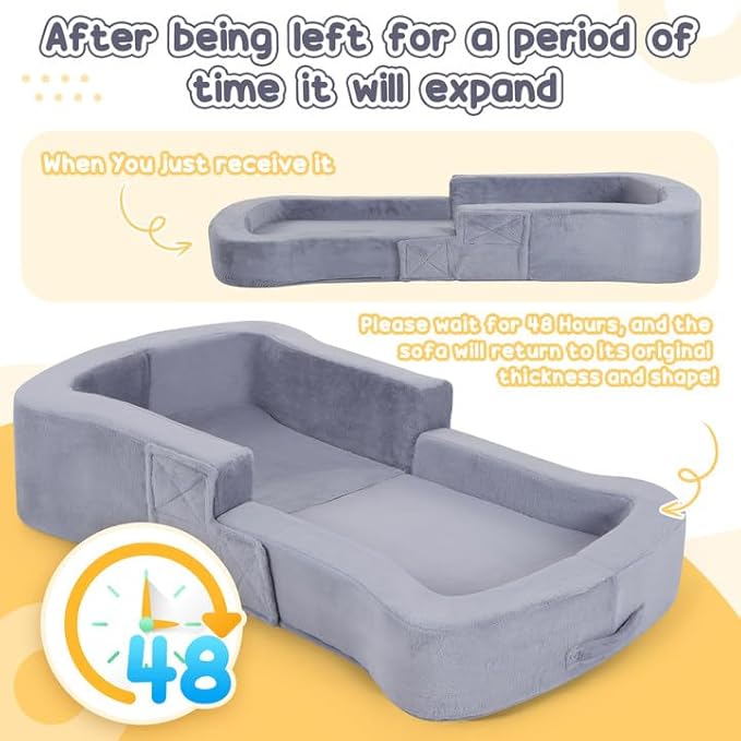 Toddler Travel Bed 2-in-1 Foldable Portable Toddler Bed Sofa Chair Soft Baby Kids Travel Floor Cot with Washable Covers Safety Foam Raised Bumper for Camping Hotel Sleeping (Grey)