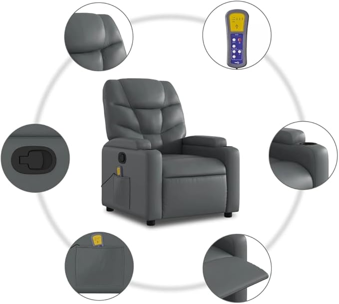 vidaXL Massage Recliner Chair - Gray Faux Leather Manual Reclining 6-Point Vibration Cup Holders Living Room Seating
