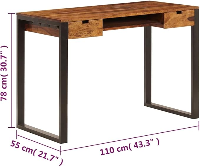 Sheesham Wood Desk Black Powder-Coated Steel Modern Table for Home Office Study Computer Writing Work with Drawers - 55 x 110 x 78 cm