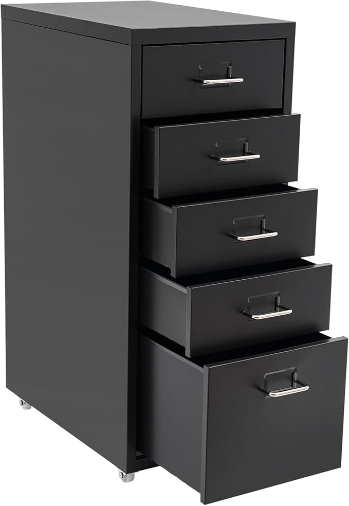 5 Drawer File Storage Cabinet Black Side Storage Organizer Office Filing Cabinet Stand Freestanding Storages Drawer Rolling Storage Dresser with Wheels11 * 16.1 * 27.1in
