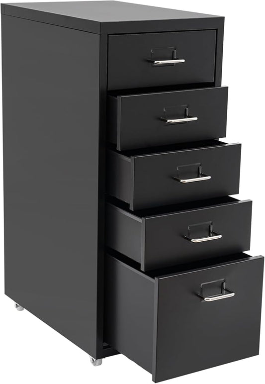 5 Drawer File Storage Cabinet Black Side Storage Organizer Office Filing Cabinet Stand Freestanding Storages Drawer Rolling Storage Dresser with Wheels11 * 16.1 * 27.1in