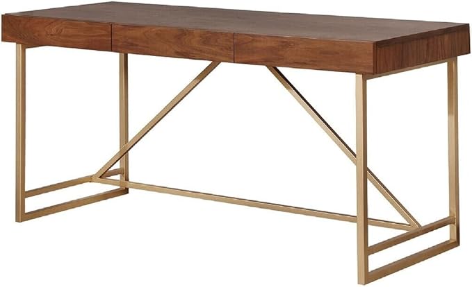 Maykoosh Modern Writing Desk with Drawers - Rustic Wooden Desk Stylish Home Office Furniture Walnut Brown &amp Gold Finish