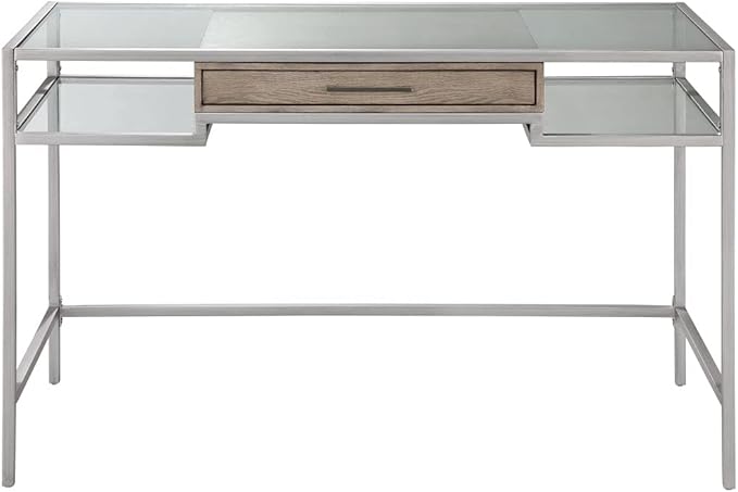 Adela Writing Desk - Silver Metal Tempered Glass Top Compact Home Office