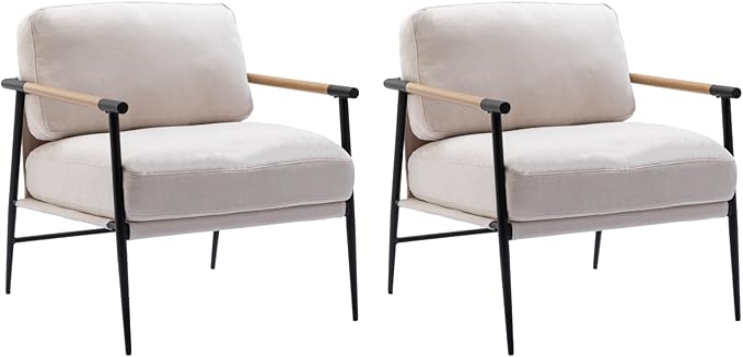CIMOTA Modern Accent Chairs Set of 2 Comfy Armchair Chenille Fabric Living Room Chair with Metal Frame Upholstered Leisure Chairs with Thick Cushion for Living Room Bedroom Balcony Beige