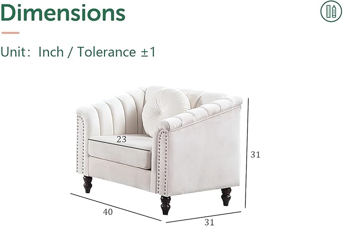 Chesterfield Chair Couch 40 Inch Luxurious Velvet Single Chair Chesterfield Settee Sofa Upholstered Rolled Arm with Rivets/Button Tufted Pillow Modern Sofa for Living RoomWhite